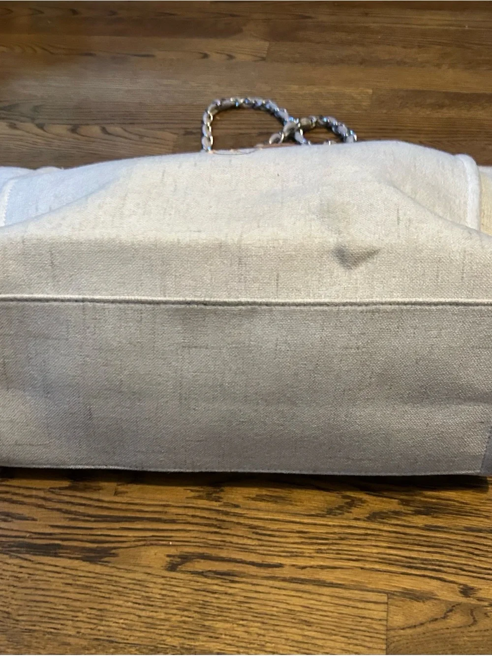 Neutral Canvas Tote with Leather Trim and Chain Handles 0136